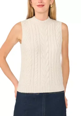 Sleeveless Cable Knit Mock Neck Sweater