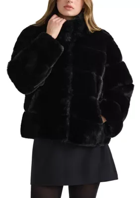 Wide Stripe Faux Fur Jacket with Stand Collar by Nvlt