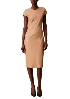 Vegan Leather Cap Sleeve Seamed Sheath Midi Dress by Calvin Klein