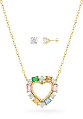 Gold Plated Multi Color Cubic Zirconia Heart Necklace & Round Cubic Zirconia Studs Set 20 In by Belk Silverworks