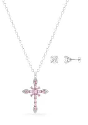 Fine Plated Round Cubic Zirconia Stud Earrings & Cubic Zirconia Cross Pendant Necklace Set 20 In by Belk Silverworks