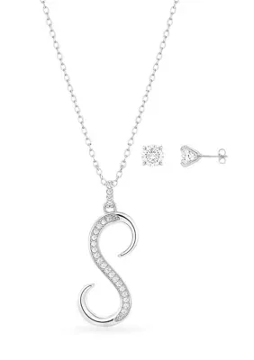 Fine Silver Plated Cubic Zirconia Round Stud Earrings & Pav Initial Necklace Set 20 In by Belk Silverworks