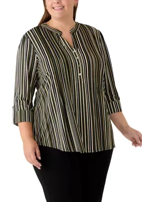 3/4 Sleeve Knit Striped Henley Top by Kim Rogers
