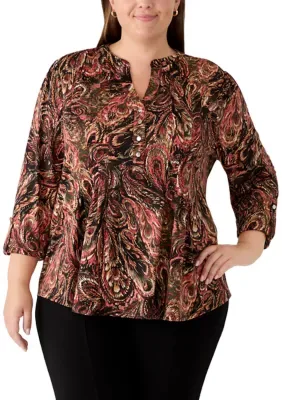3/4 Sleeve Knit Fan Print Henley Top by Kim Rogers