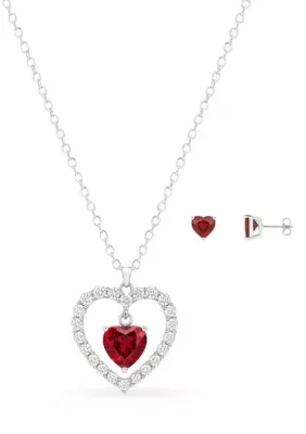Fine Silver Plated Garnet Cubic Zirconia Heart Stud Earrings & Necklace Set 20 In by Belk Silverworks