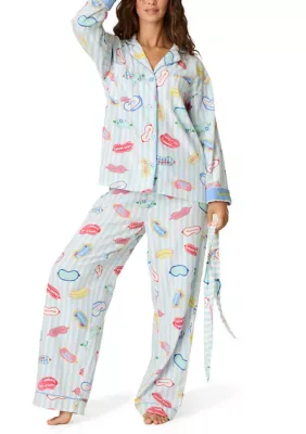 Long Sleeve Notch Collar Flannel Shirt and Pants Pajama Set