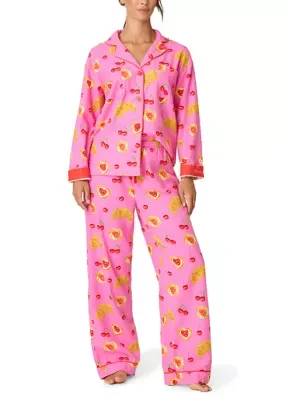 Long Sleeve Notch Collar Flannel Shirt and Pants Pajama Set