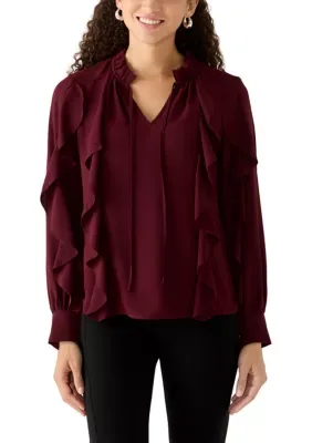 Long Sleeve Keyhole Neck Ruffle Blouse by Anne Klein