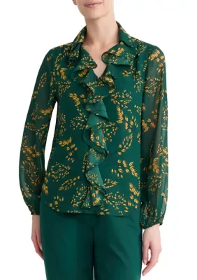 Long Sleeve Ruffle Front Blouse by Evan Picone