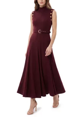 Mock Neck Belted Maxi Dress with Grommet Details