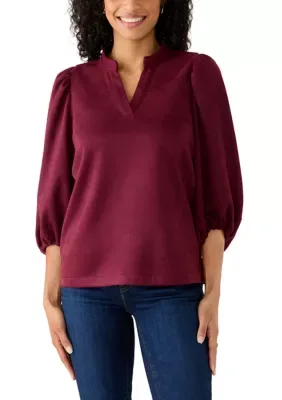 Suede 3/4 Sleeve Split Neck Top by Crown & Ivy