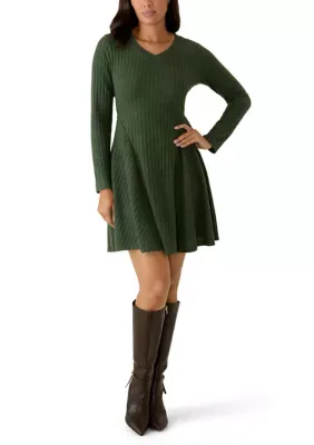 Long Sleeve V-Neck Hacci A-Line Dress by Emma & Michelle