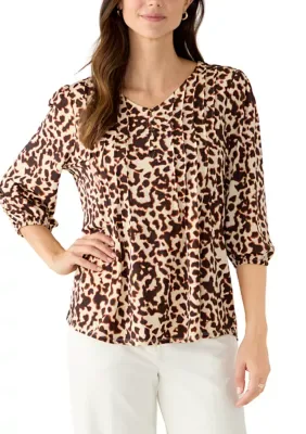 3/4 Blouson Sleeve Classic Print V-Neck Henley Shirt by Cocomo