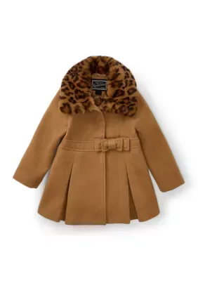 Waist Bow Dress Coat with Faux Leopard Fur Collar by Rothschild