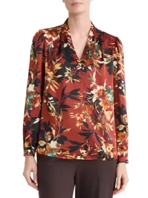 V Neck Pleated Shoulder Satin Blouse by Kasper