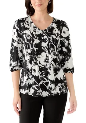 3/4 Sleeve V-Neck Print Henley Shirt by Kim Rogers