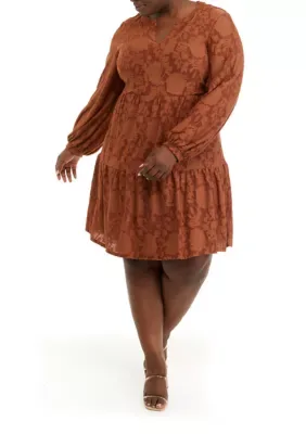 Long Sleeve Solid Burnout Babydoll Dress
