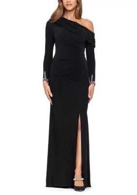 Long Sleeve One Shoulder Beaded Cuff Ruched Gown by Betsy & Adam