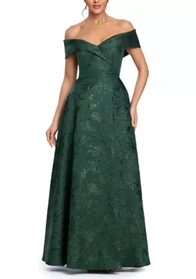 Off the Shoulder Metallic Brocade Gown by Xscape