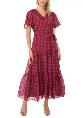 Plaid Flutter Sleeve Chiffon Midi Dress by Vince Camuto