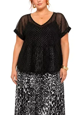 Foil Drop Mesh V Neck Rolled Sleeve by Coin1804