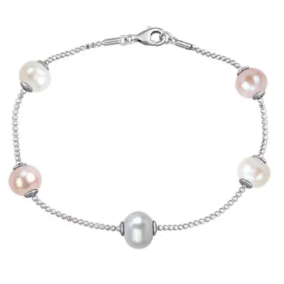 7-8mm Multi-Color Freshwater Cultured Pearl Station Bracelet, Silver