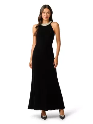 Beaded Halter Velvet Gown by Papell Studio