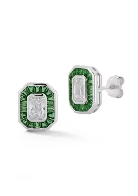 Sterling Silver Green CZ Halo Emerald Cut Stud Earrings