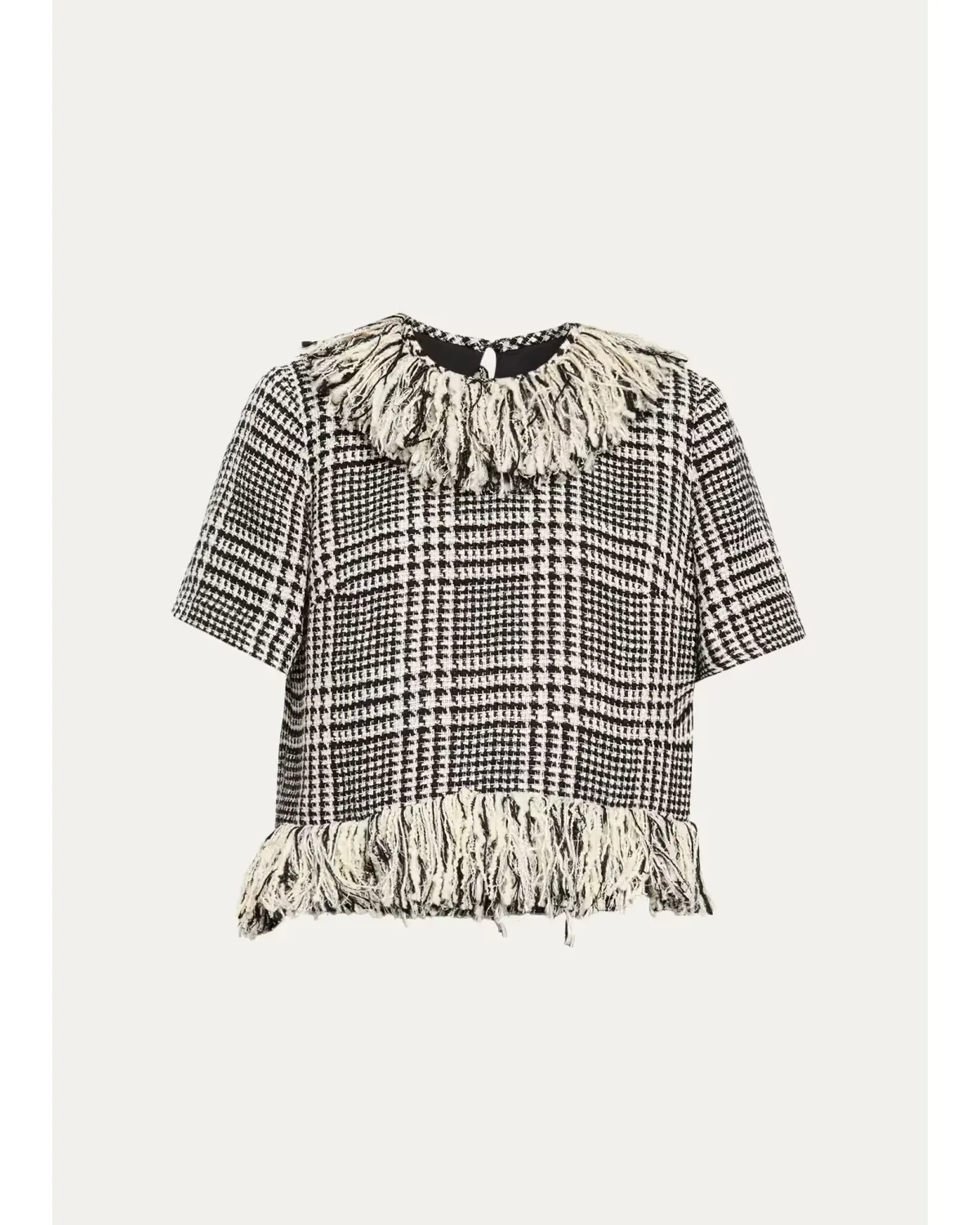 Houndstooth Check Tweed Fringed Short-Sleeve Top by Liberowe