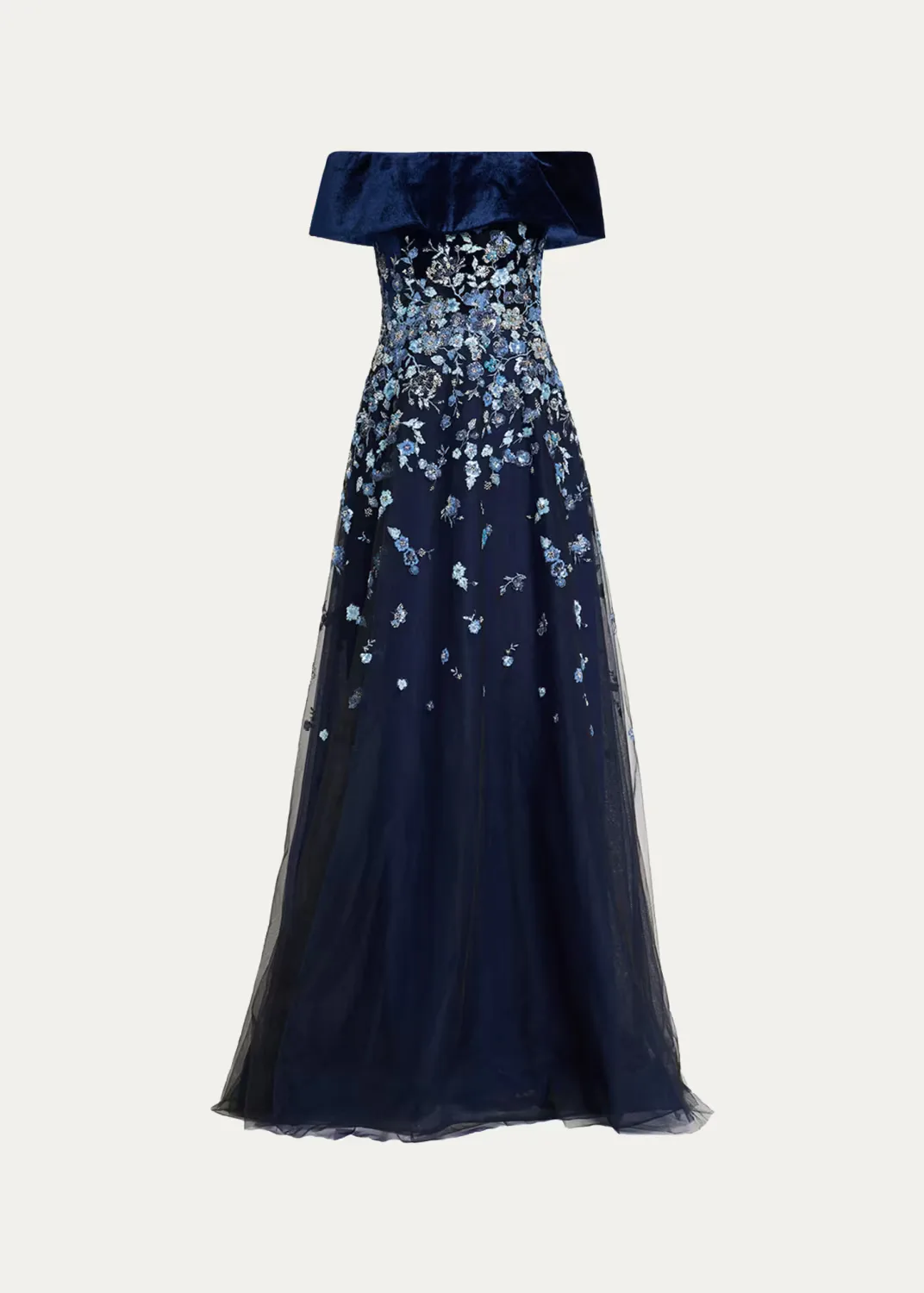 Velvet & Floral-Embroidered Tulle Off-The-Shoulder Gown