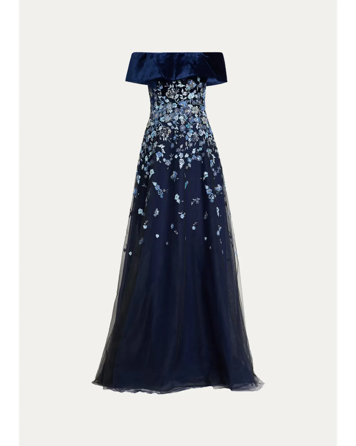 Velvet & Floral-Embroidered Tulle Off-The-Shoulder Gown by Teri Jon