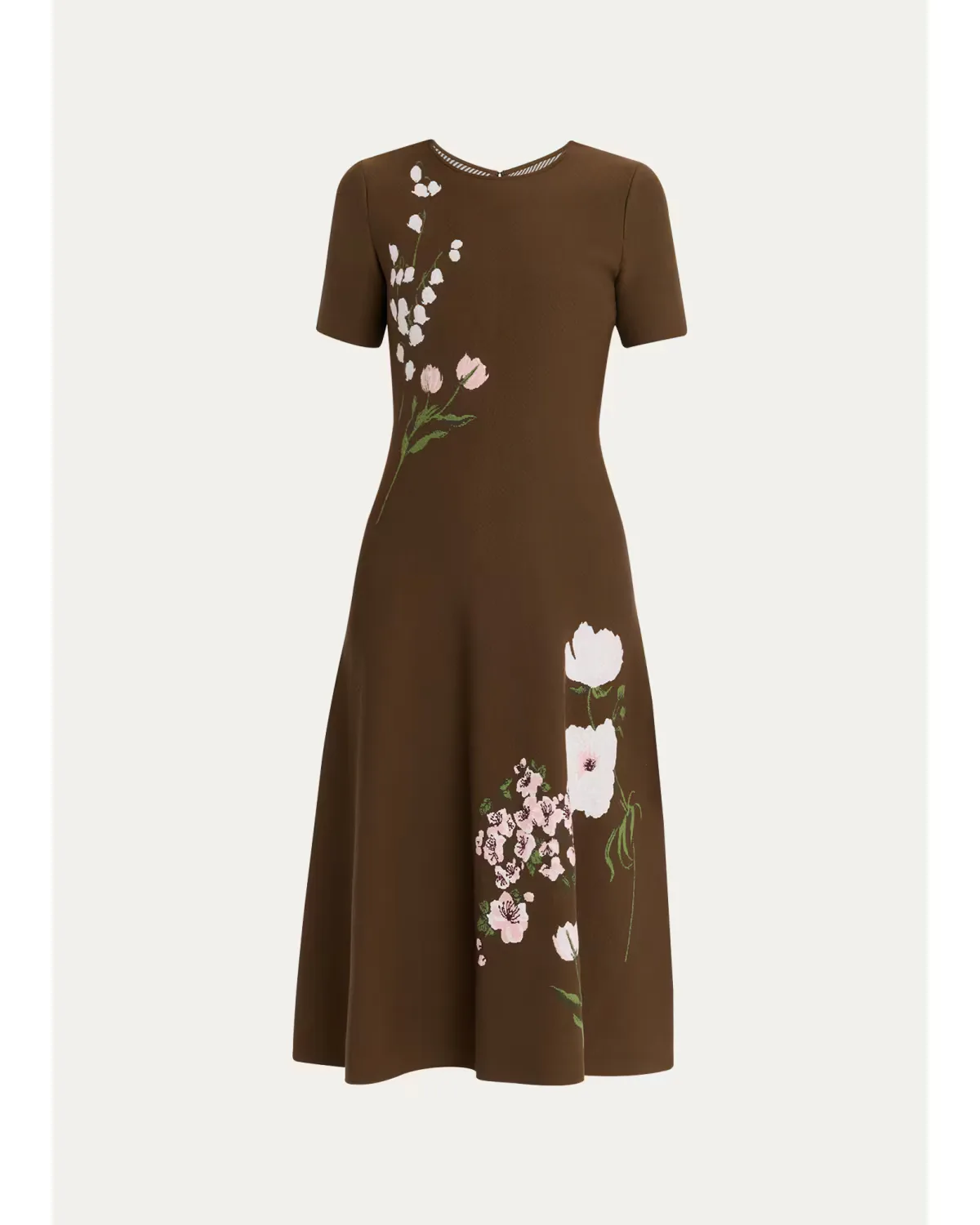 Short-Sleeve Multi Floral Knit Midi Dress by Oscar de la Renta