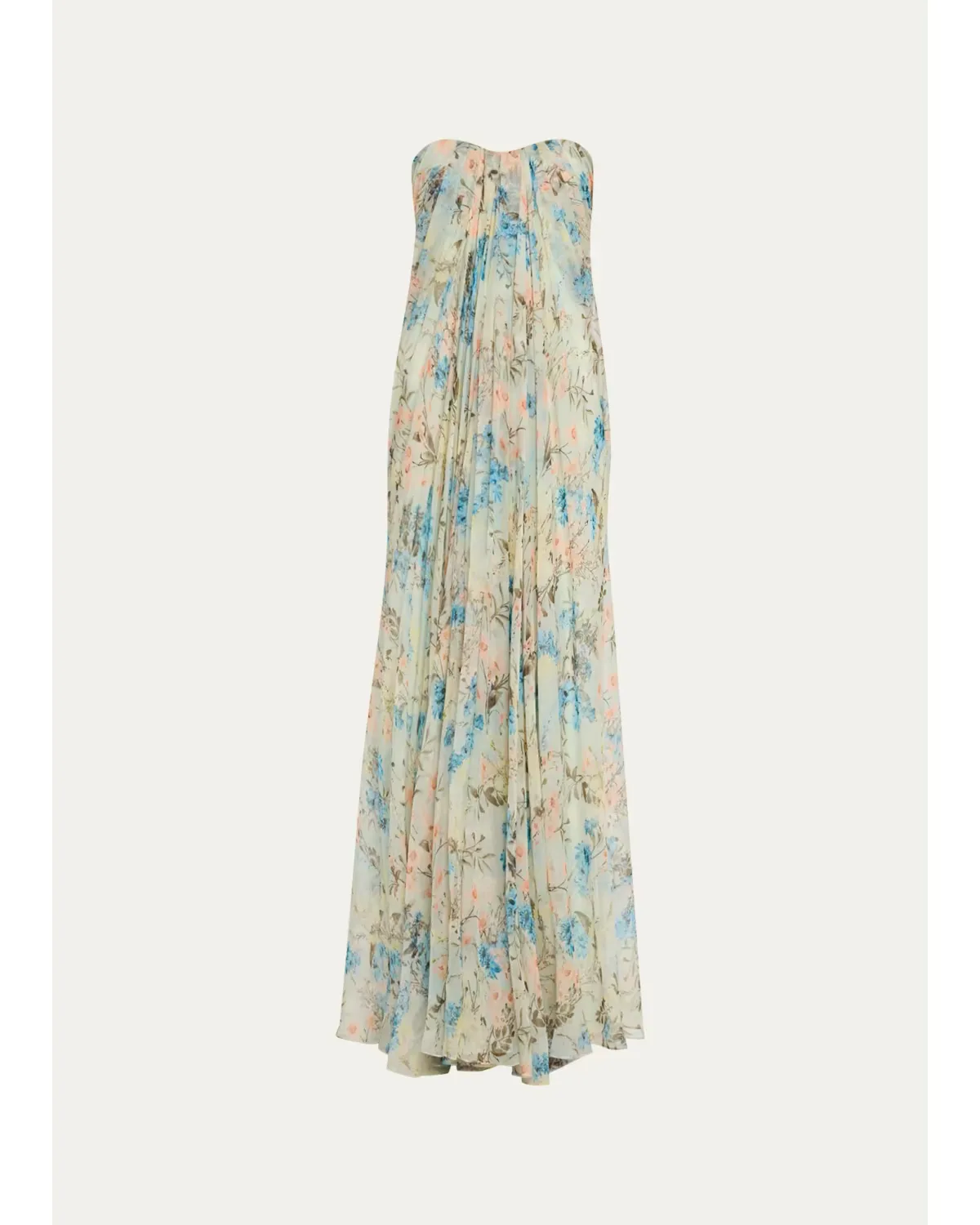 Goddess Floral Draped Bustier Strapless Silk Maxi Dress