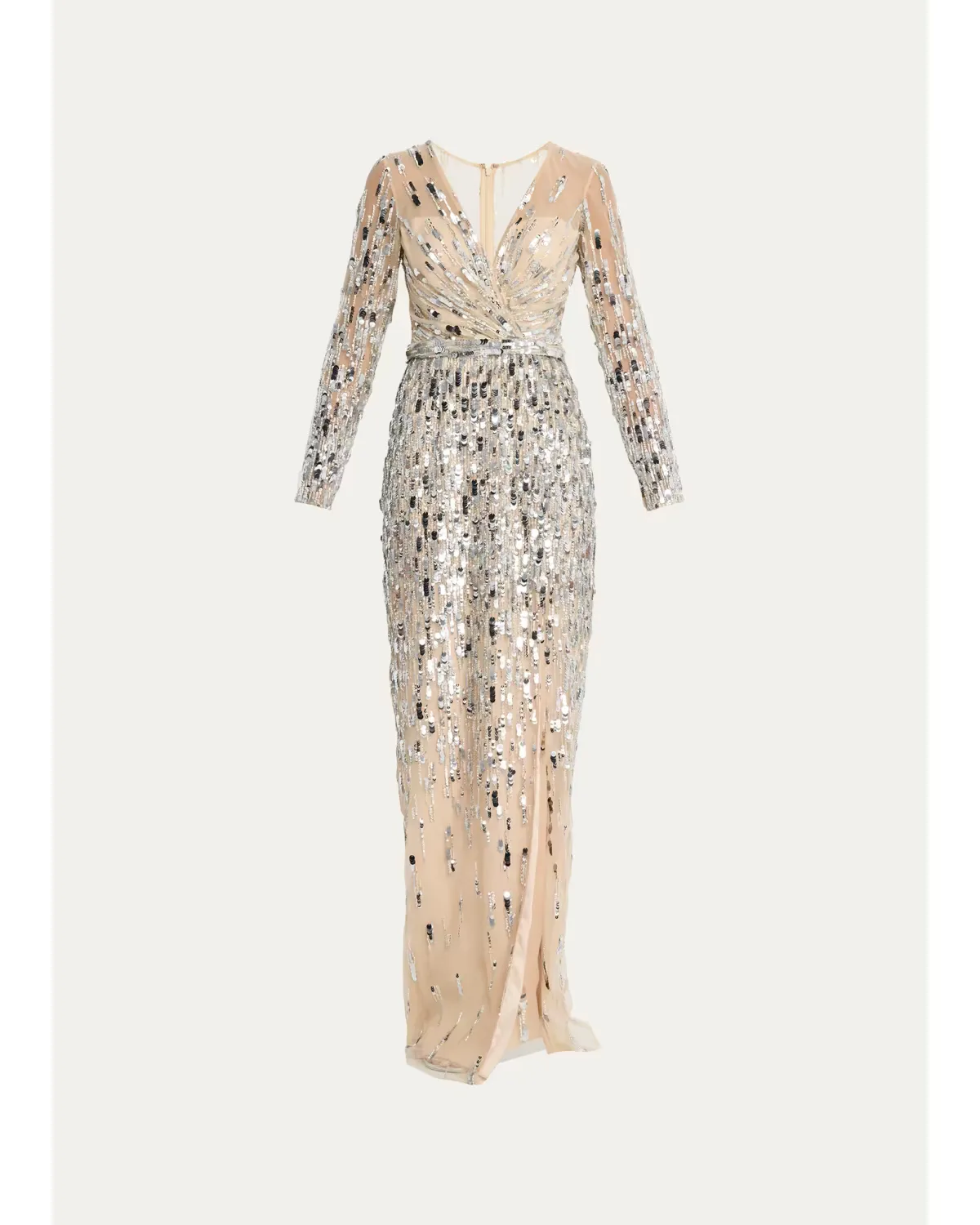 Sequined Long-Sleeve Surplice Tulle Gown by Pamella Roland