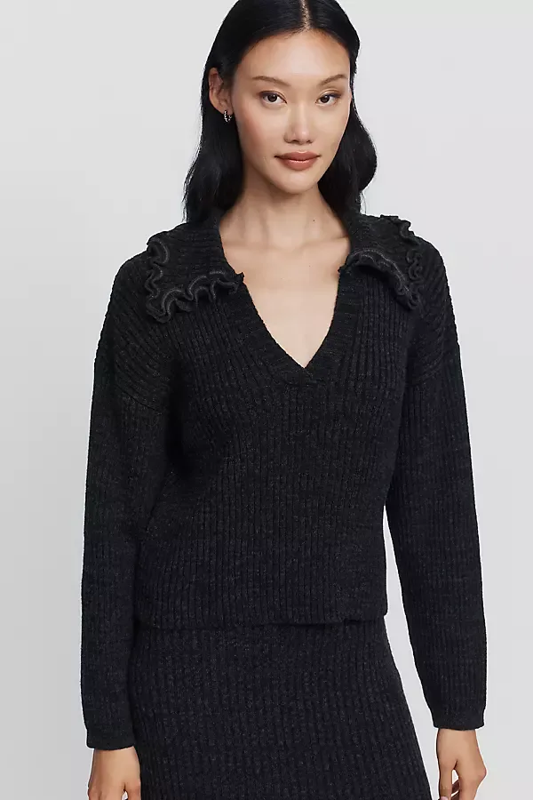 Cotton Wool Ribbed & Ruffled Knit Top by Maeve