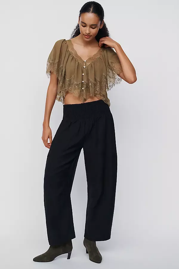 Reese Smocked Pull-On Barrel Pants by Pilcro