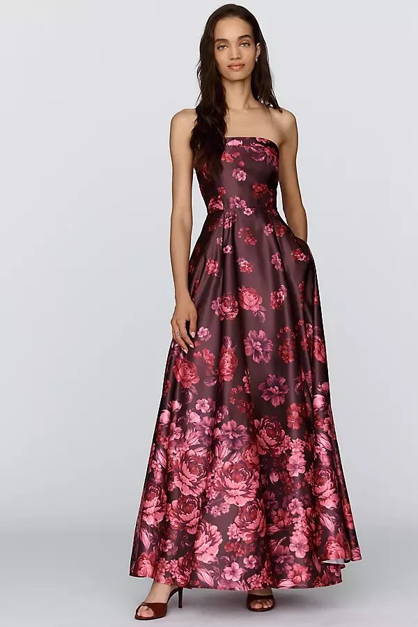 Kira Strapless Printed Satin A-Line Maxi Dress by BHLDN