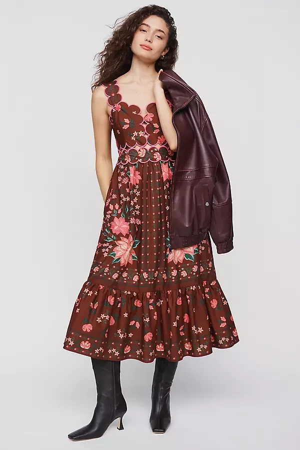 Farm Rio x Anthropologie Sleeveless Scallop-Trim Printed Midi Dress