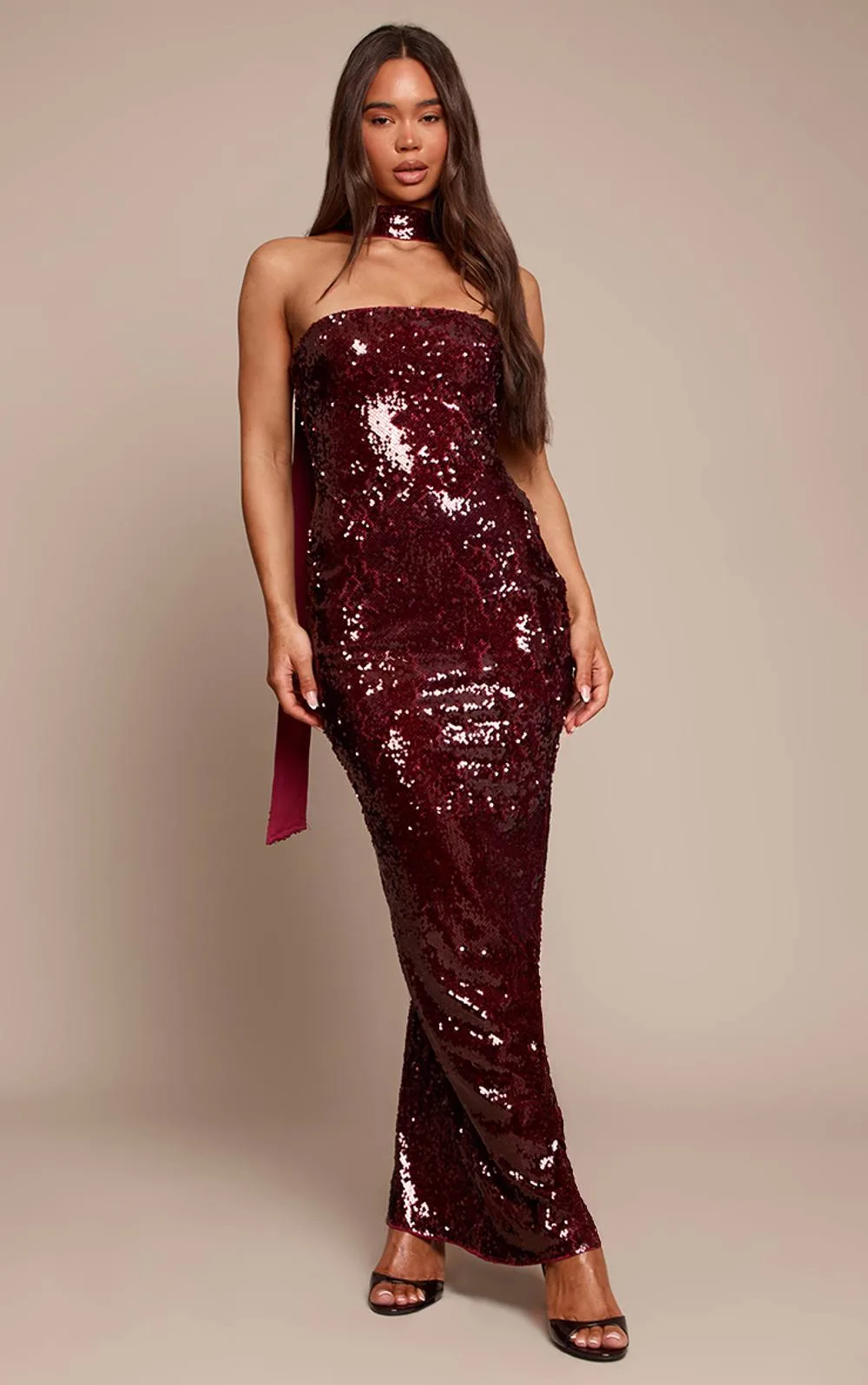 Sequin Scarf Detail Bandeau Maxi Dress