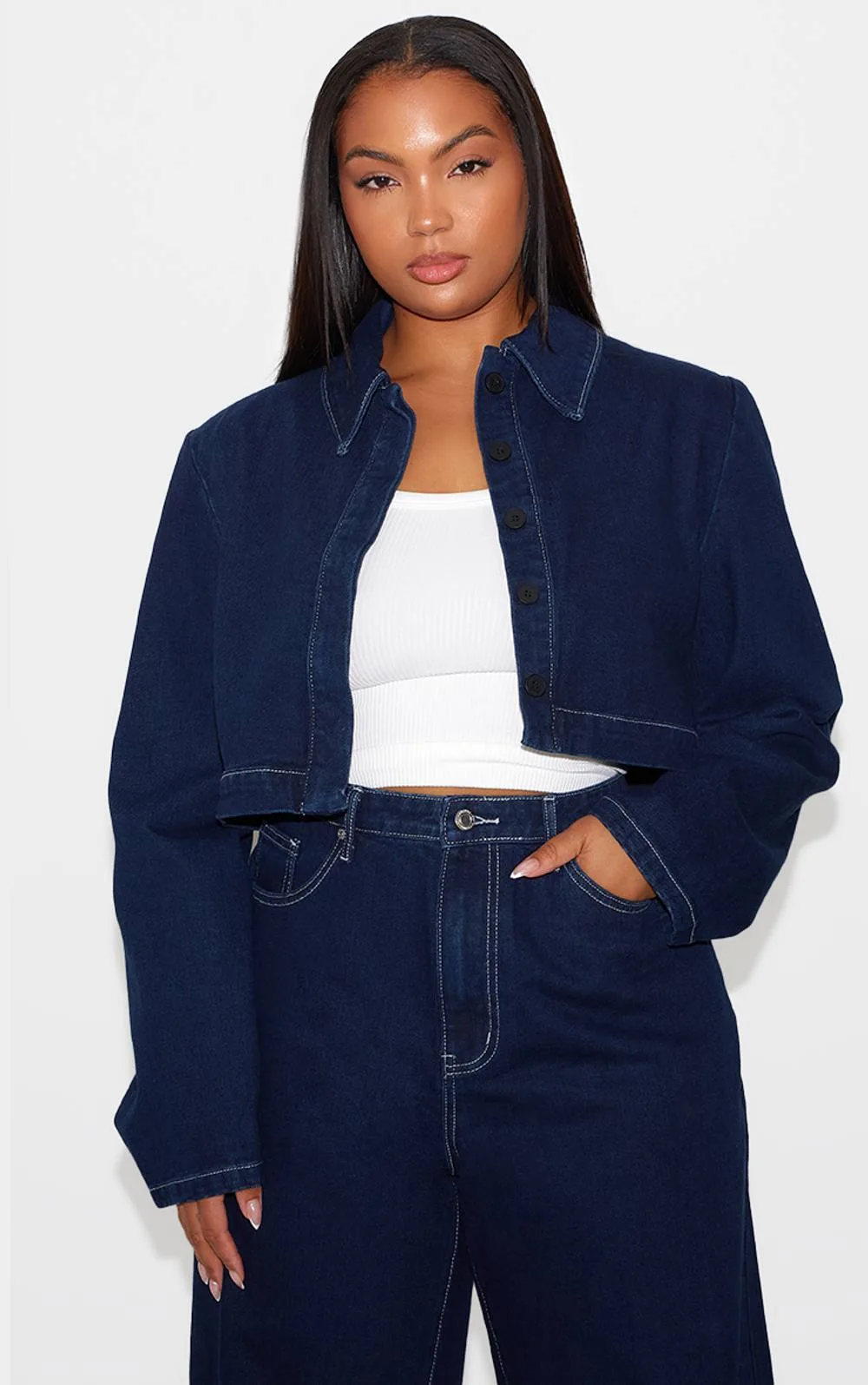 Cropped Denim Contrast Stitch Jacket by PrettyLittleThing