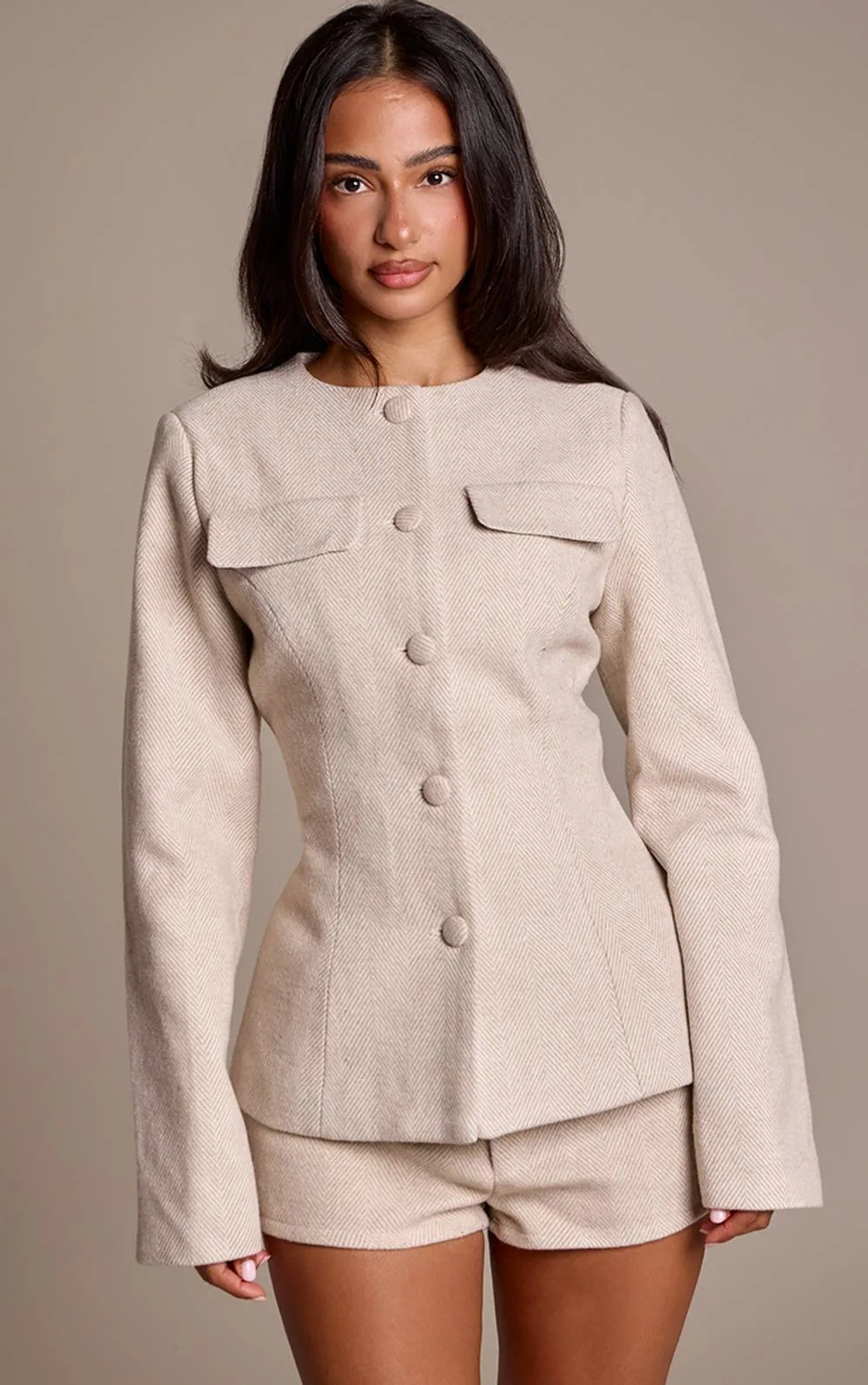 Herringbone Wool Look Button Front Collarless Blazer Co-Ord