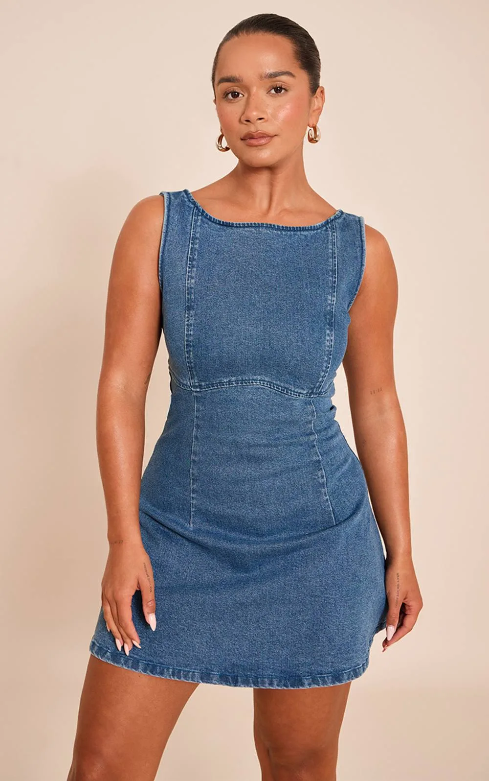 Stretch Denim Boat Neck A-Line Mini Dress