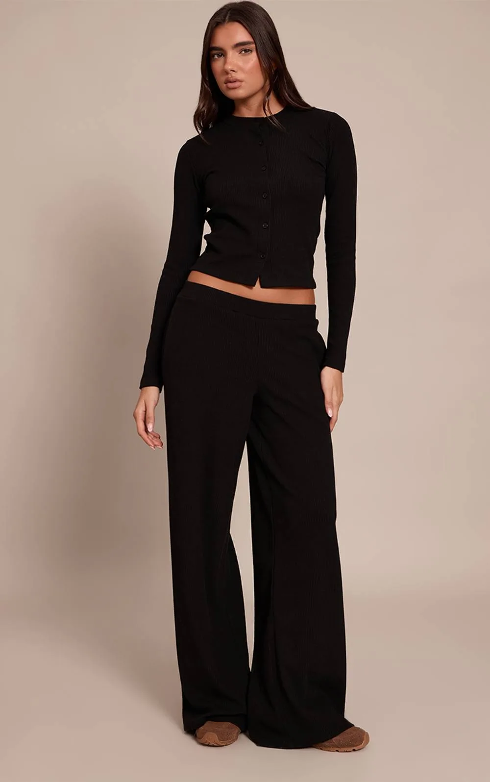 Rib Drawstring Low Rise Straight Leg Trousers Co-Ord by PrettyLittleThing