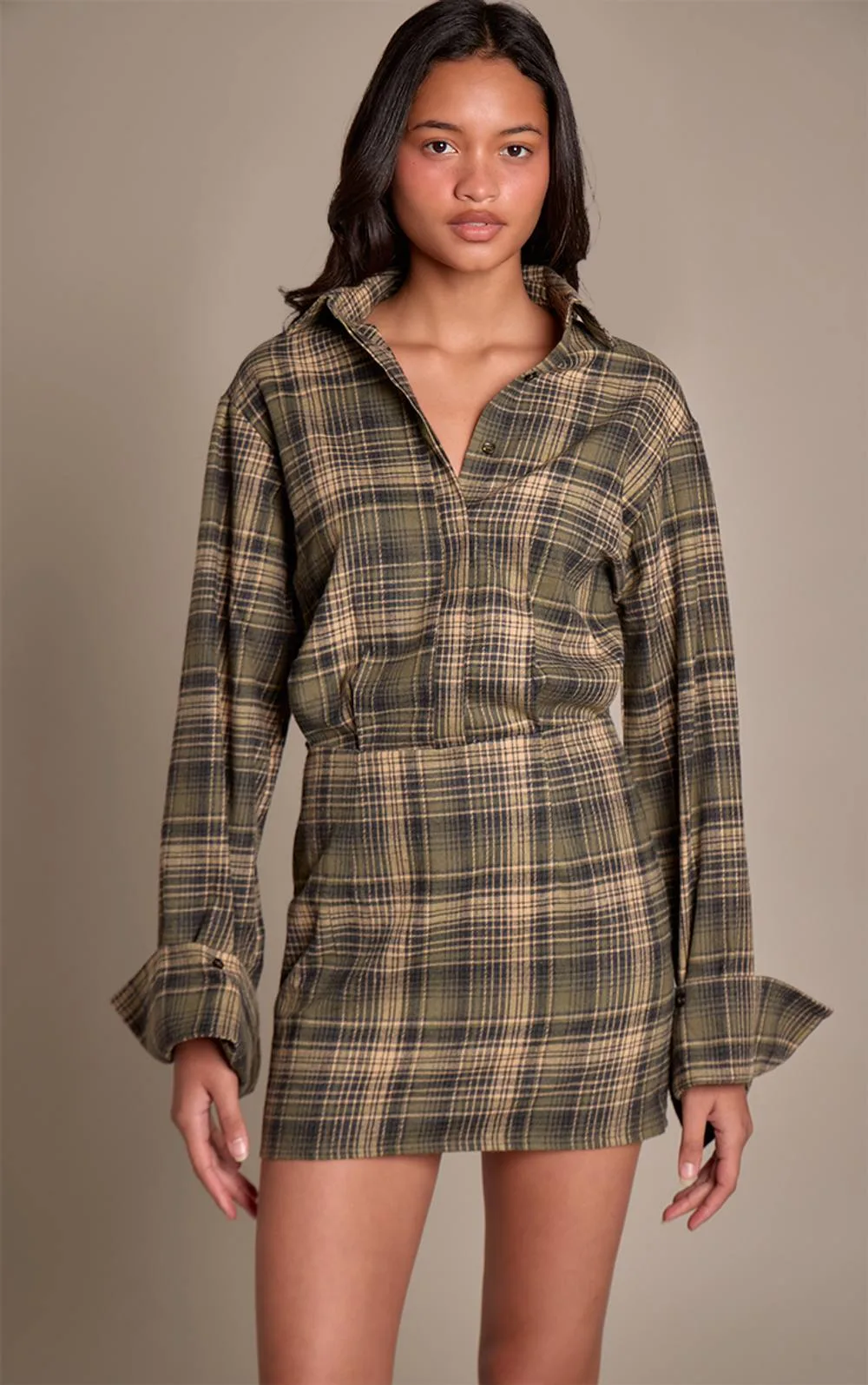 Check Button Down Long Sleeve Shirt Dress by PrettyLittleThing