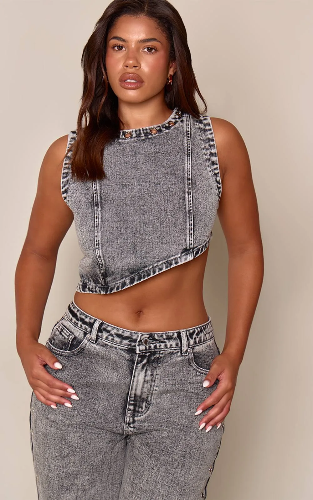 Eyelet Detail Stretch Denim Asymmetric Crop Top
