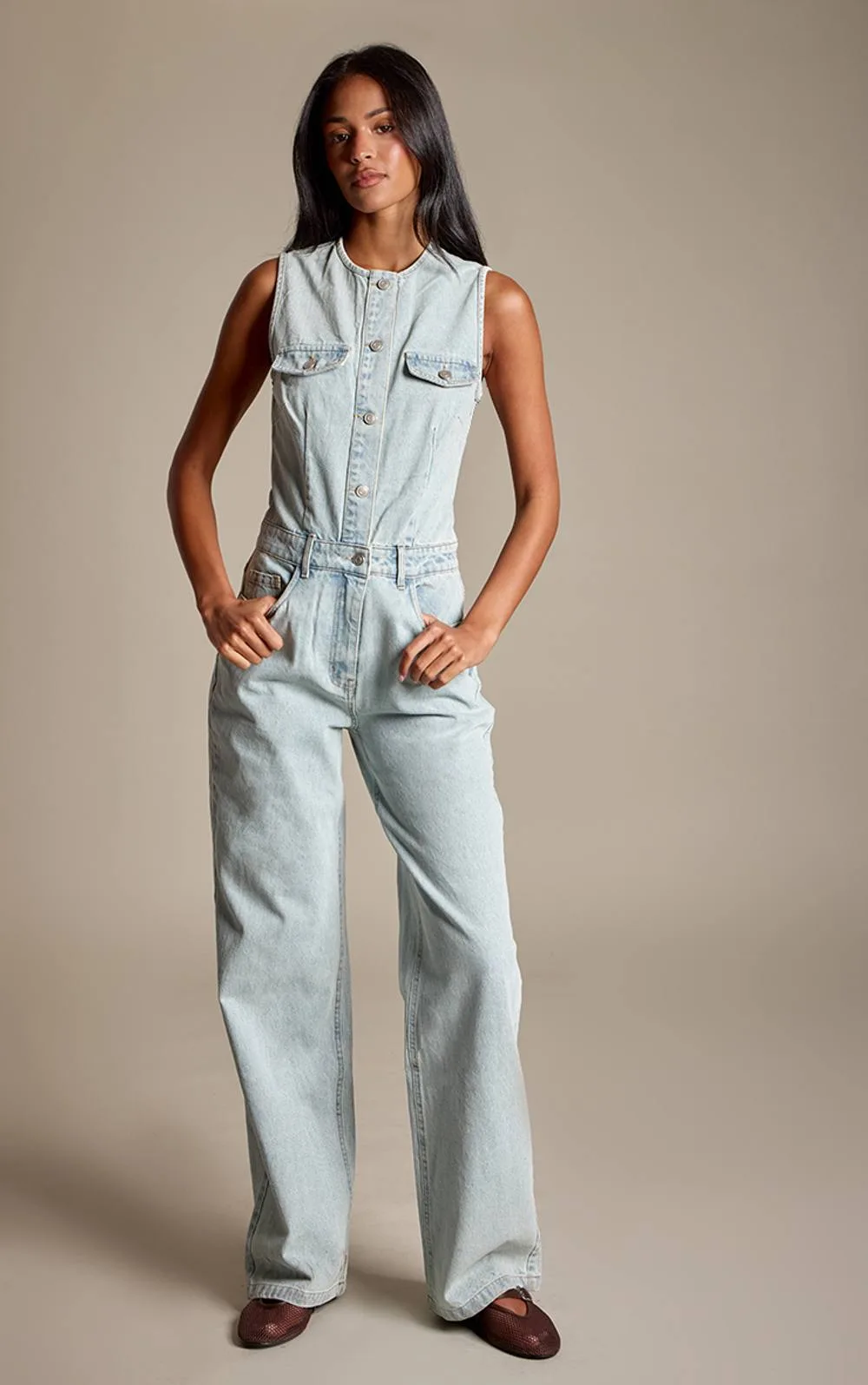 Sleeveless Shirt Style Denim Jumpsuit