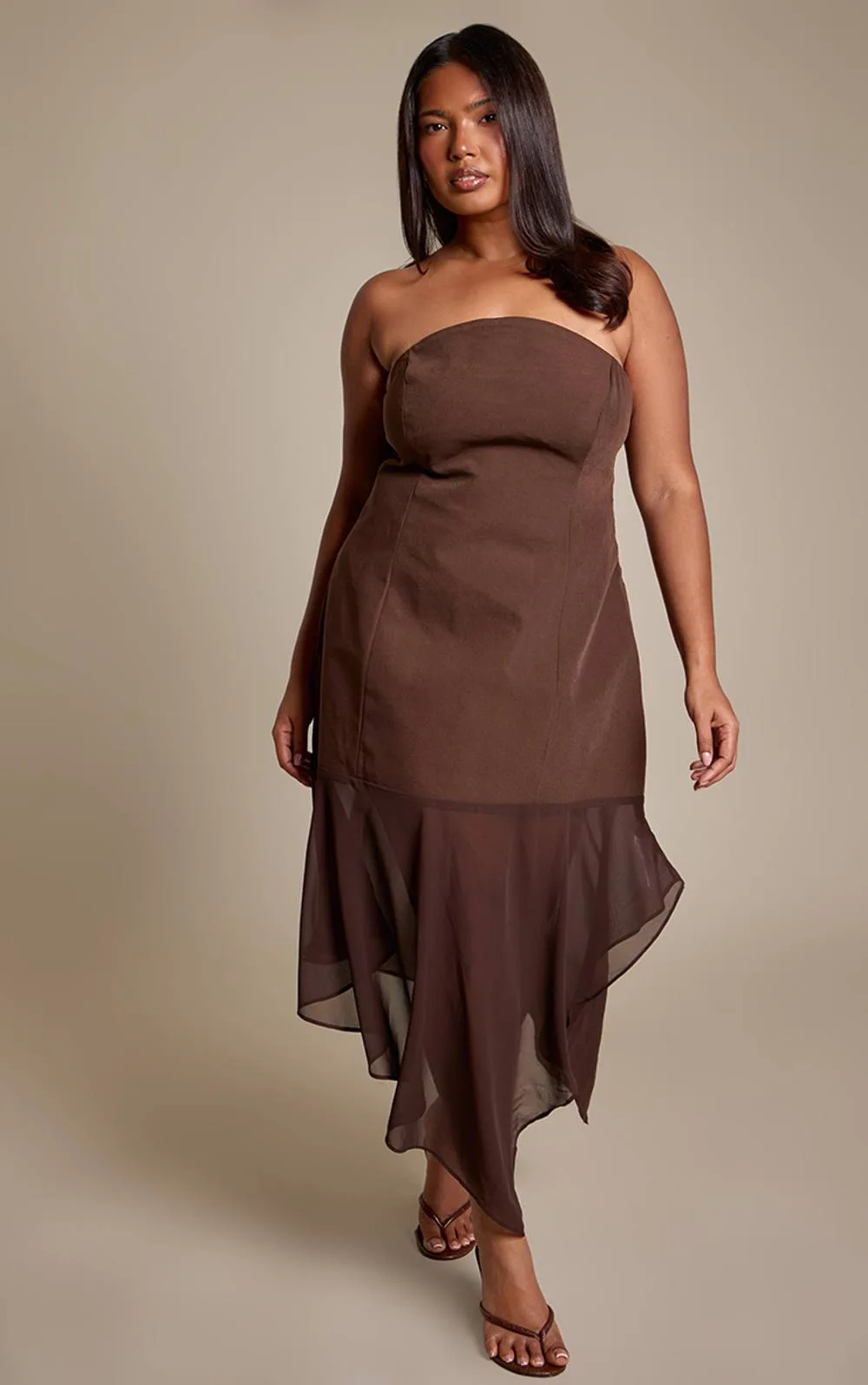 Woven Asymmetrical Mesh Hem Bandeau Midi Dress
