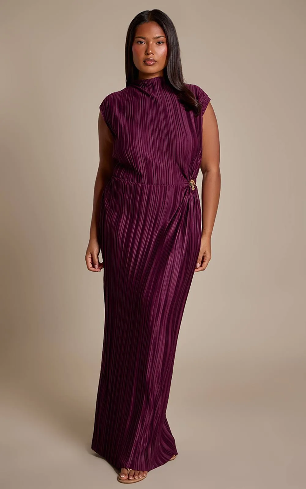 Plisse Boat Neck Trim Detail Maxi Dress