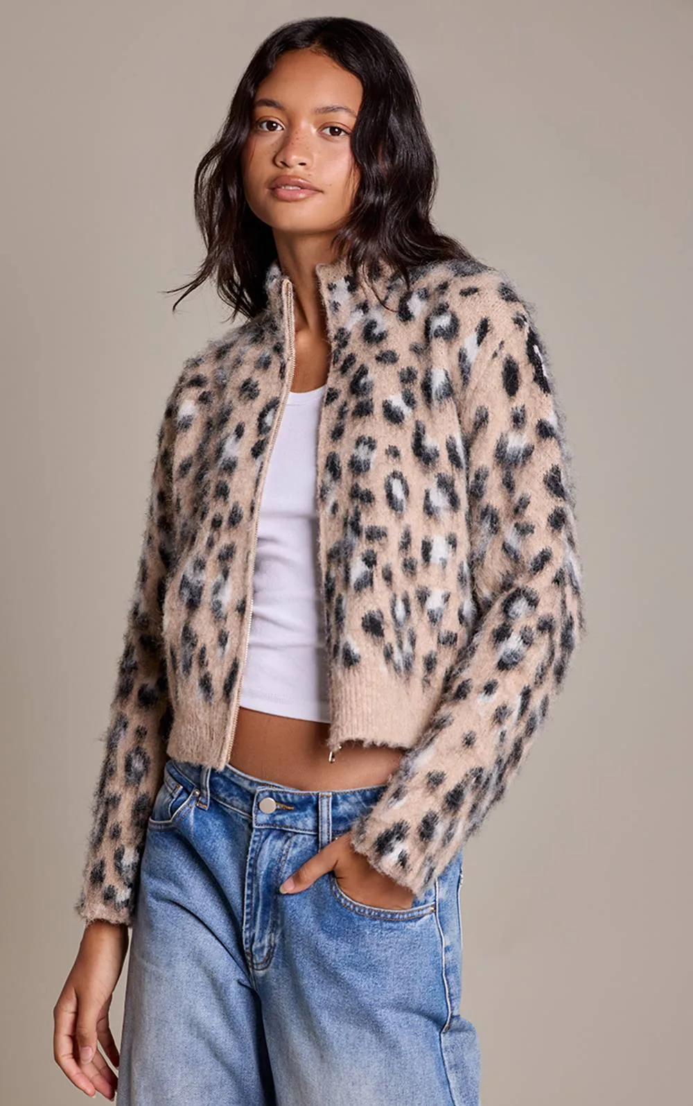 Leopard Print Funnel Neck Brushed Knit Cardigan Sweater