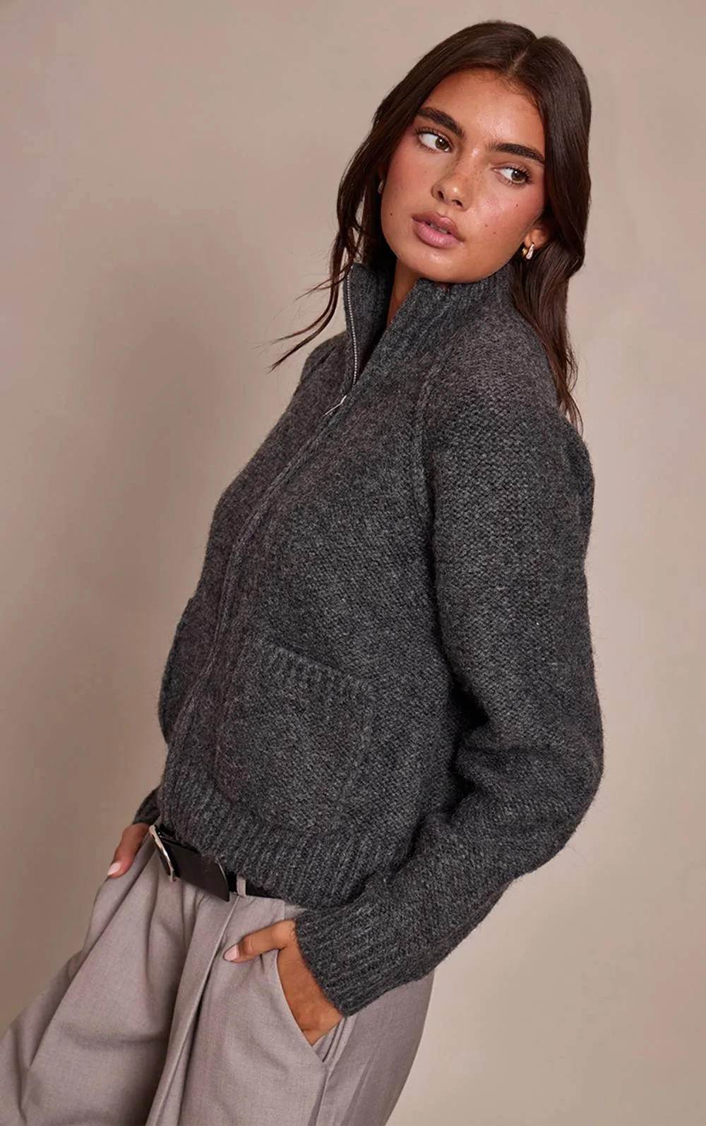 Zip Up Pocket Detail Knitted Cardigan Sweater